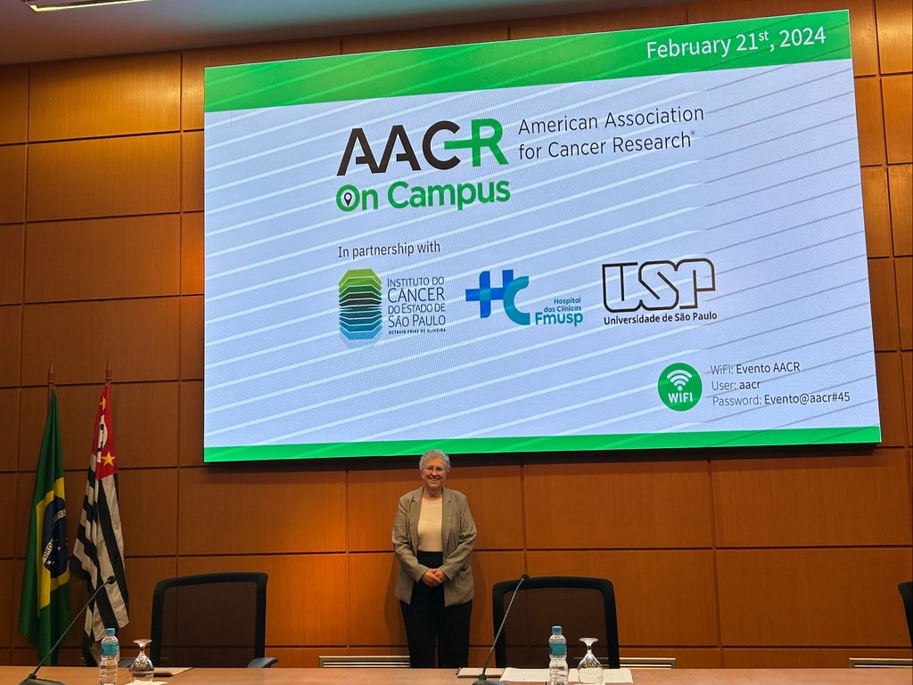 2024–2025 AACR President Patricia M. LoRusso, DO, PhD (hc), FAACR, at an AACR on Campus session in Brazil