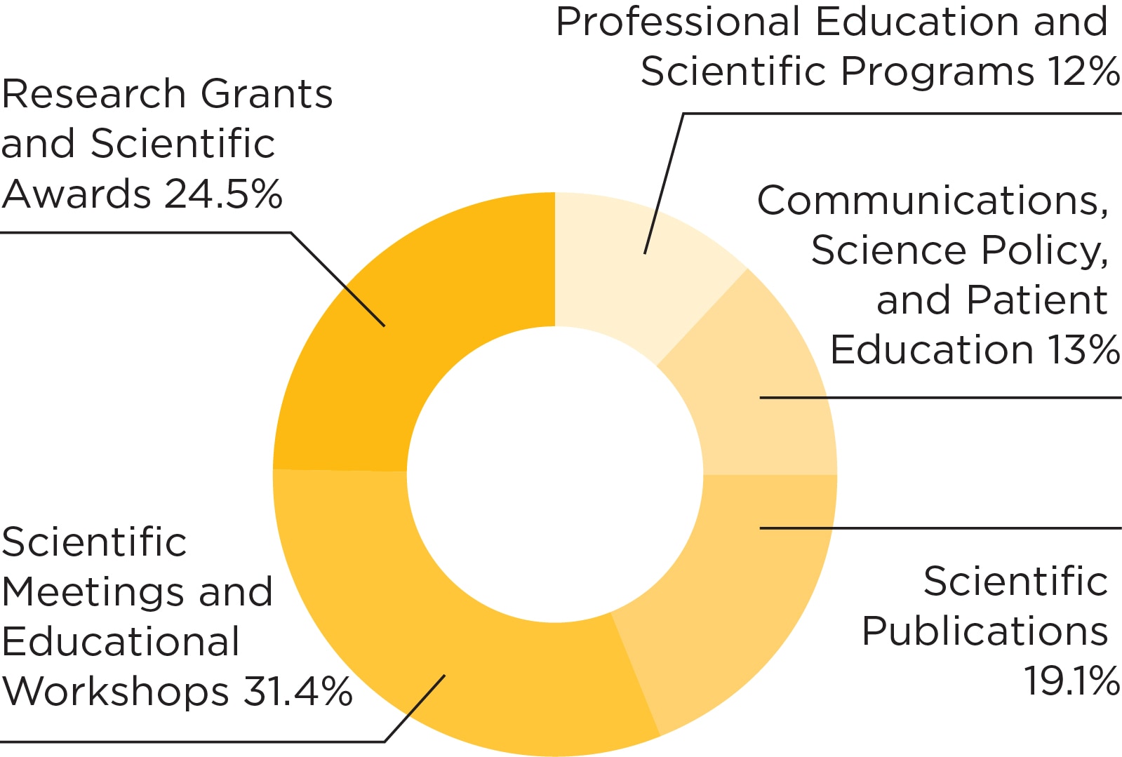 Chart: 2024 program expenses: Research grants and scientific awards, 24.5 percent; scientific meetings and educational workshops, 31.4 percent; scientific publications, 19.1 percent; professional education and scientific programs, 12 percent; communications, science policy, and patient education, 13 percent.